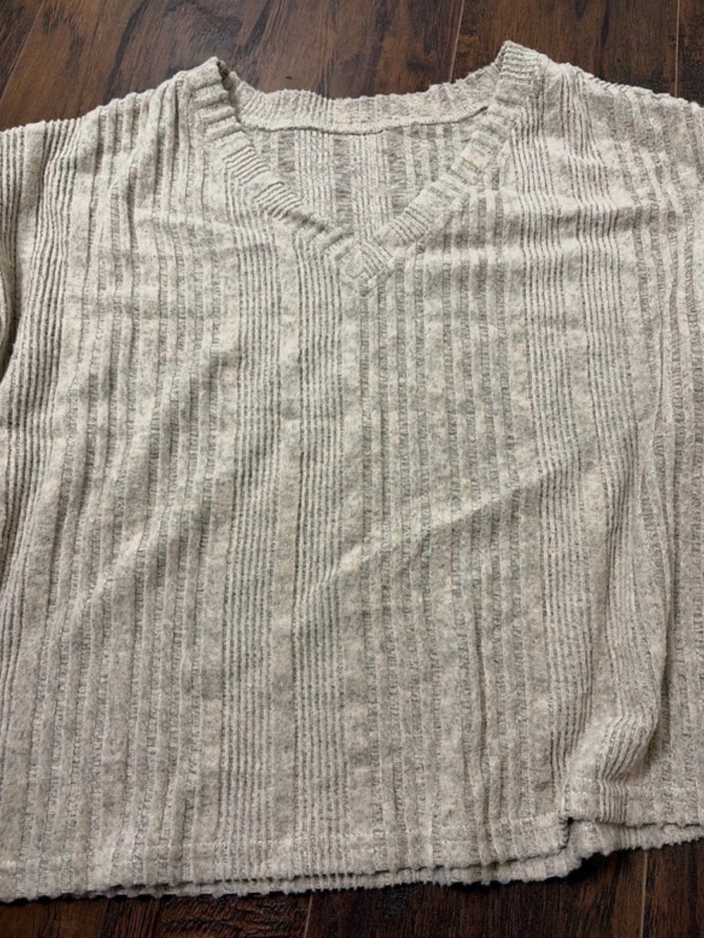 Ribbed Striped V-Neck Top in Beige